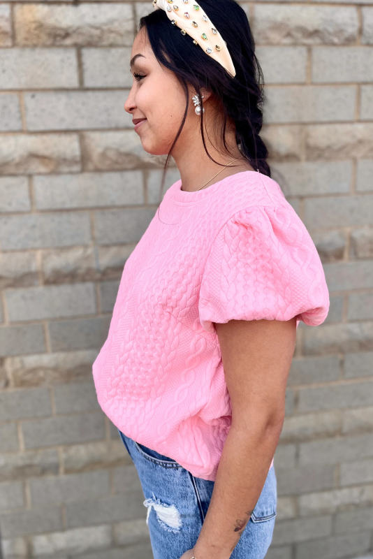 Pink Textured Puff Sleeve T Shirt