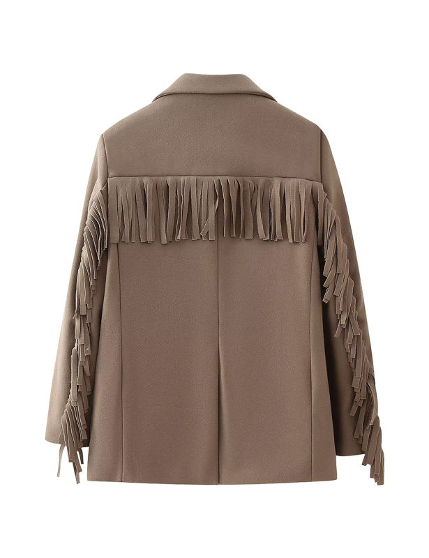 Camel Lapel Collar Long Sleeve Blazer with Tassels