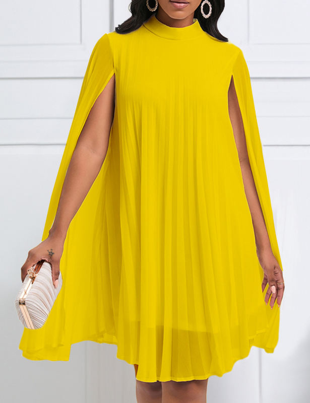 Yellow Chiffon Cape Bat Sleeve Plus Size Dress
