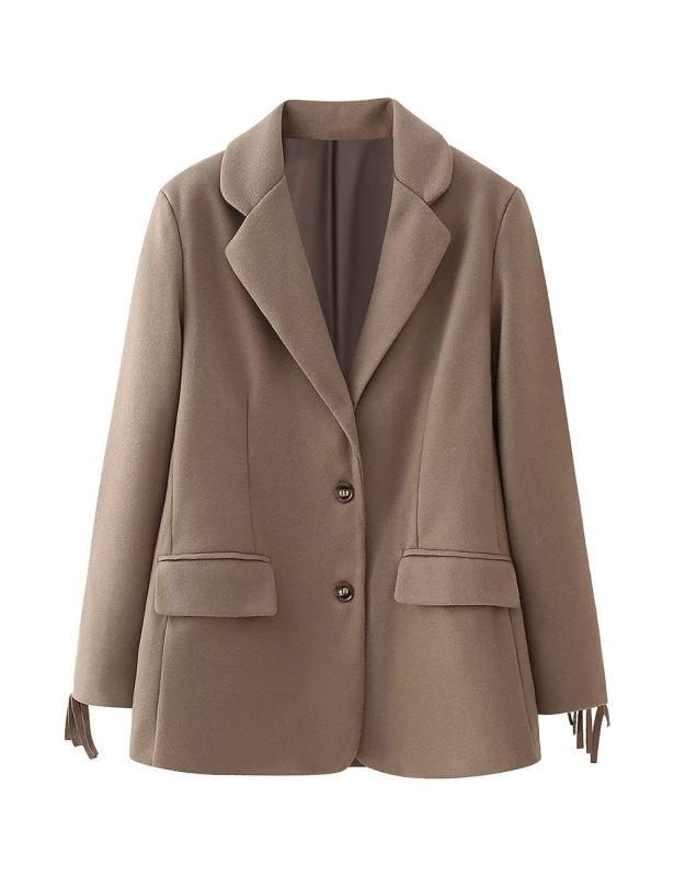 Camel Lapel Collar Long Sleeve Blazer with Tassels