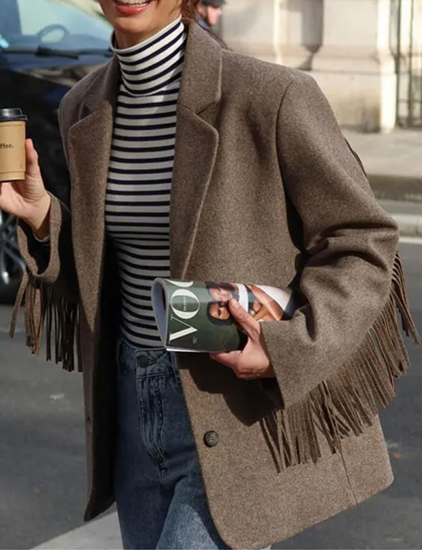 Camel Lapel Collar Long Sleeve Blazer with Tassels