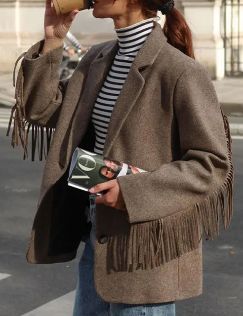 Camel Lapel Collar Long Sleeve Blazer with Tassels