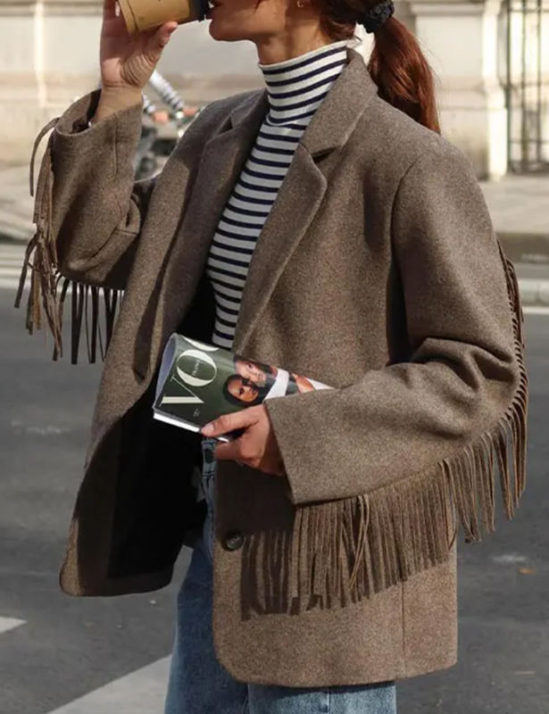 Camel Lapel Collar Long Sleeve Blazer with Tassels