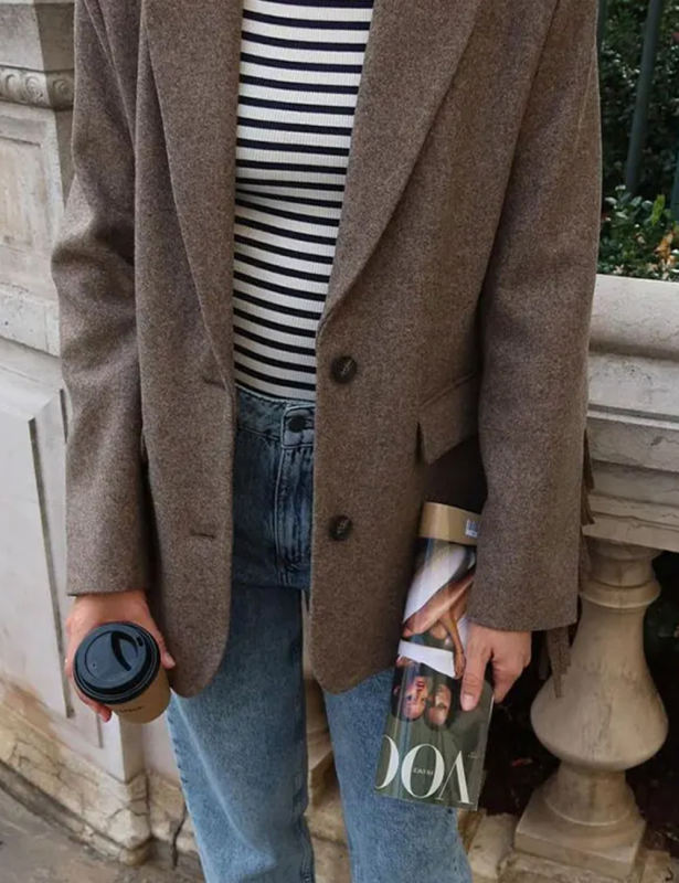 Camel Lapel Collar Long Sleeve Blazer with Tassels