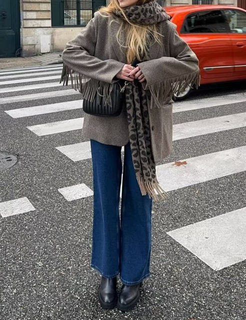 Camel Lapel Collar Long Sleeve Blazer with Tassels