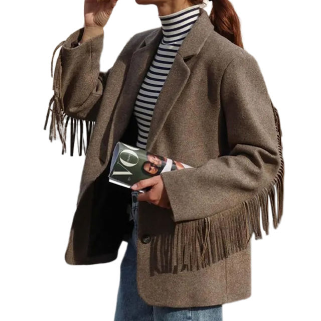 Camel Lapel Collar Long Sleeve Blazer with Tassels