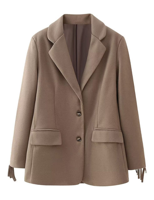 Camel Lapel Collar Long Sleeve Blazer with Tassels