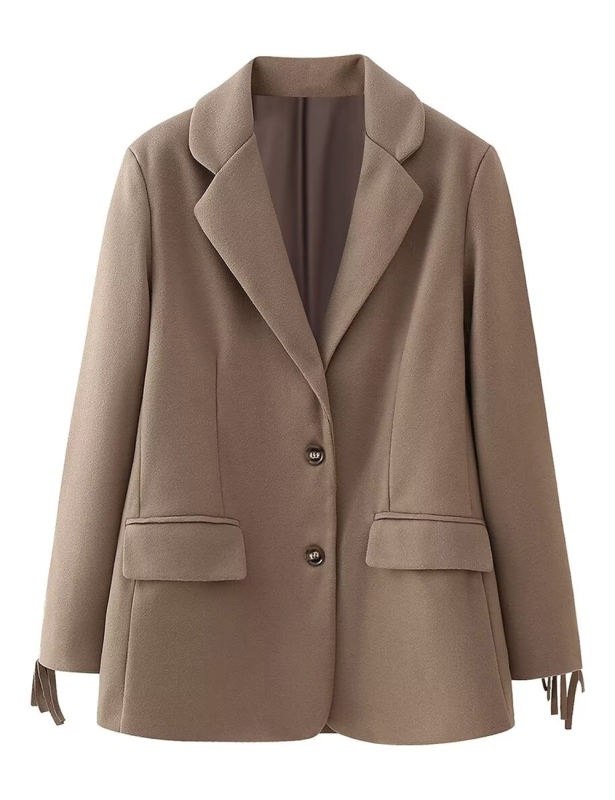 Camel Lapel Collar Long Sleeve Blazer with Tassels