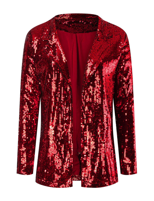 Red Sequined Lapel Neck Open Front Blazer