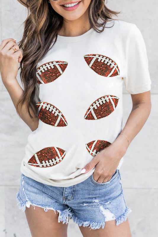 White Sequined Rugby Graphic Cotton T Shirt