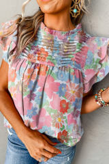 Pink Floral Ruffled Flutter Sleeve Pleated Blouse