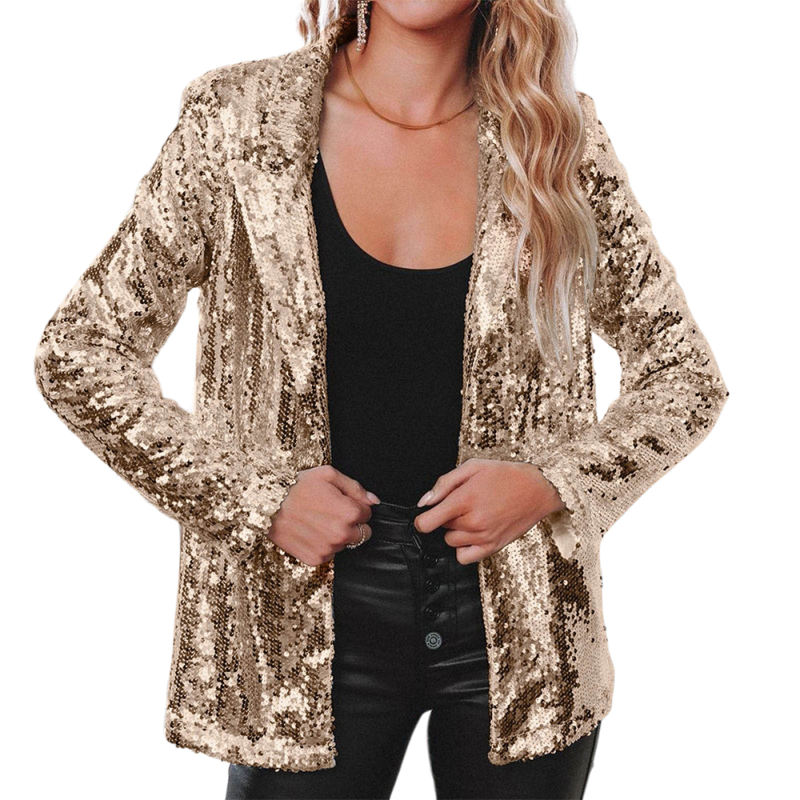 Champagne Sequined Lapel Neck Open Front Blazer