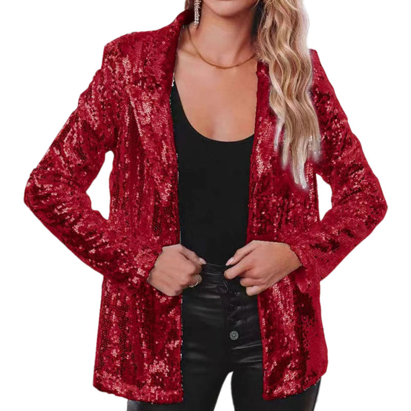 Red Sequined Lapel Neck Open Front Blazer