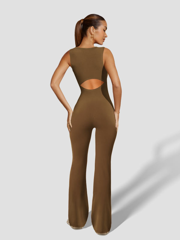 Brown Square Neck Sleeveless Flare Jumpsuit