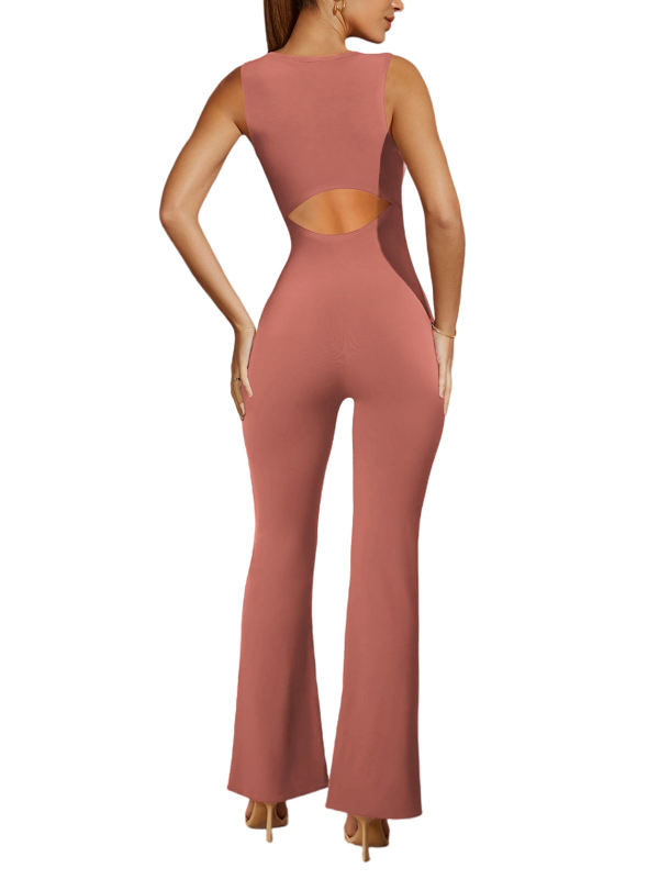 Pink Square Neck Sleeveless Flare Jumpsuit