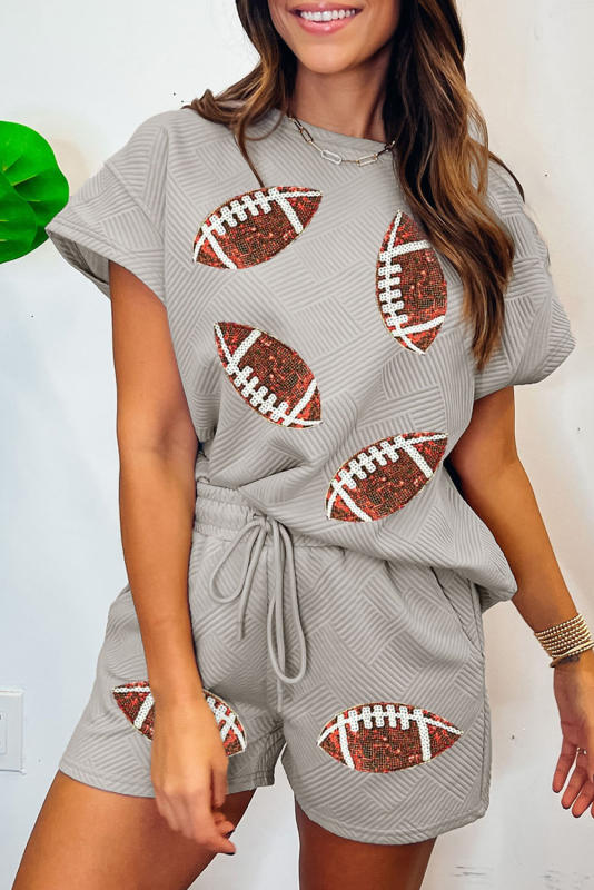 Gray Sequin Rugby Textured T Shirt Shorts Set