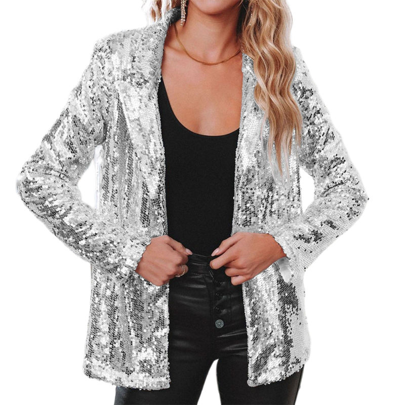 Silver Sequined Lapel Neck Open Front Blazer