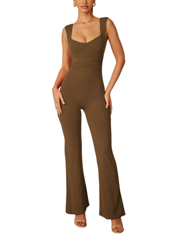 Brown Square Neck Sleeveless Flare Jumpsuit