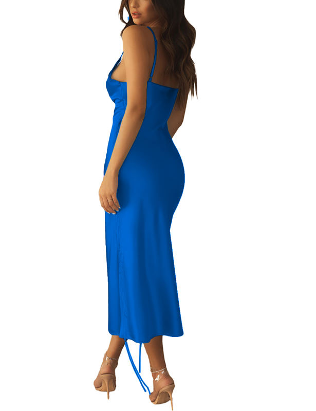 Blue Spaghetti Straps Sides Drawstring Bodycon Dress