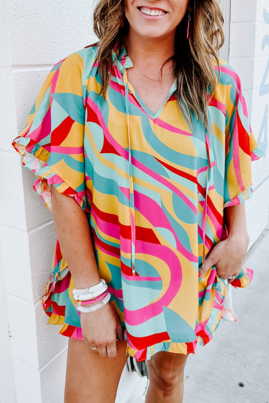 Multicolour Printed Frilled Batwing Sleeve Oversized T Shirt