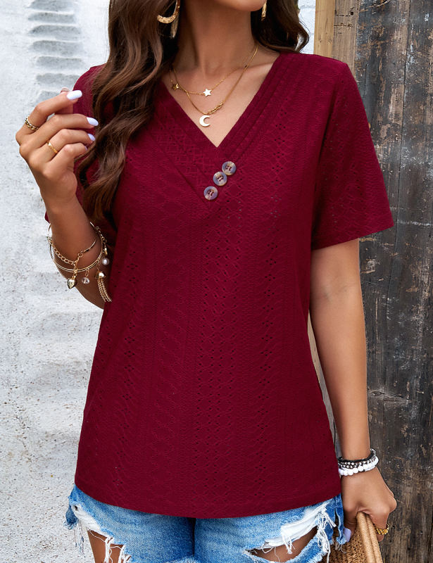 Burgundy Short Sleeve Button Detail V Neck Tee