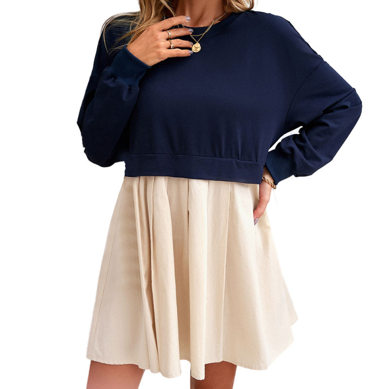 Navy Blue Contrast High Waist Long Sleeve Dress