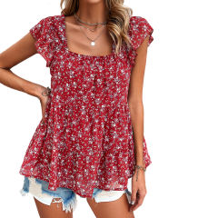Red Square Neck Flutter Sleeves Floral Top