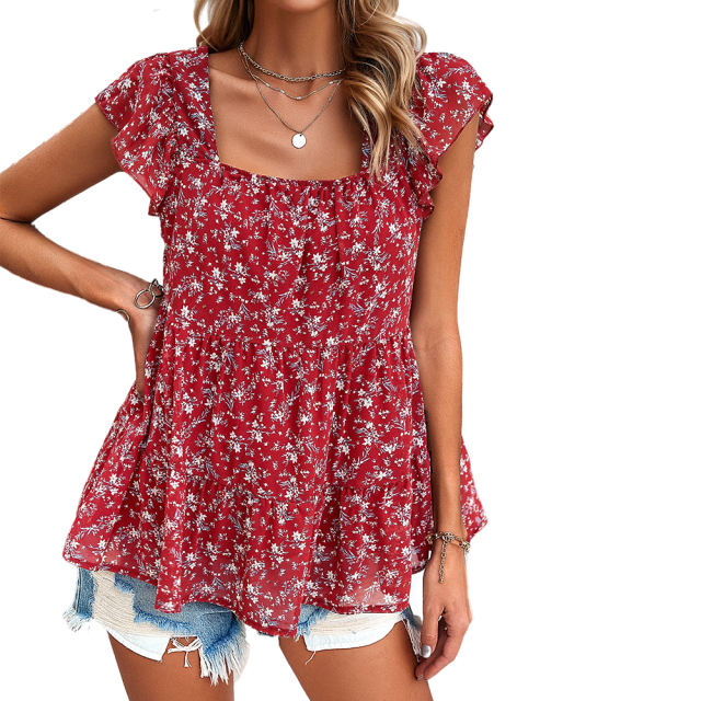 Red Square Neck Flutter Sleeves Floral Top