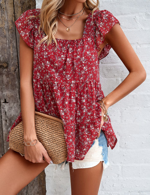 Red Square Neck Flutter Sleeves Floral Top