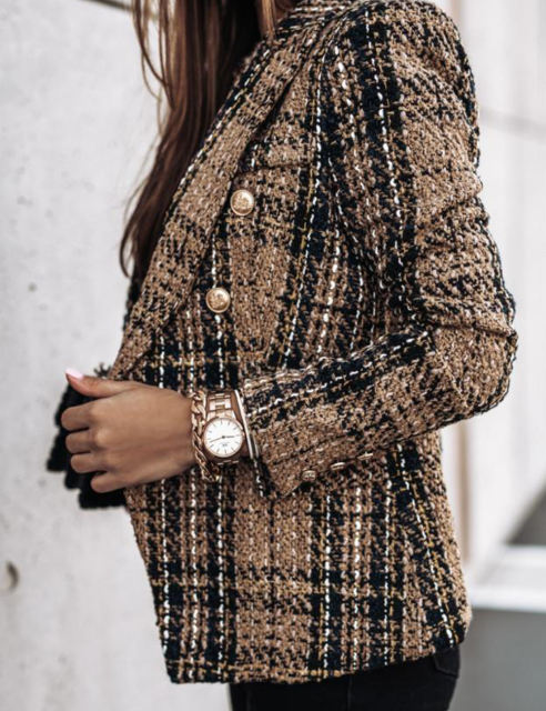 Brown Checked Double Breasted Long Sleeve Blazer