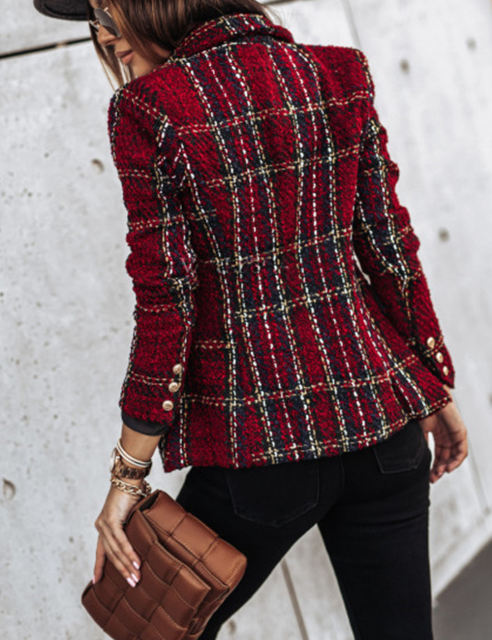 Burgundy Checked Double Breasted Long Sleeve Blazer