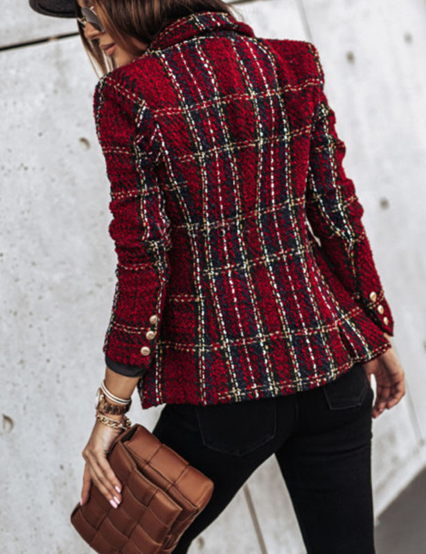 Burgundy Checked Double Breasted Long Sleeve Blazer