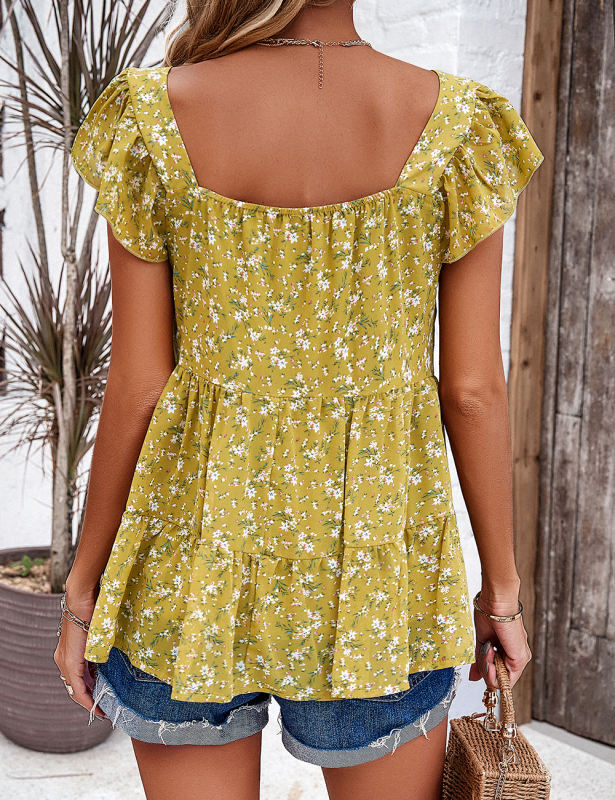 Yellow Square Neck Flutter Sleeves Floral Top