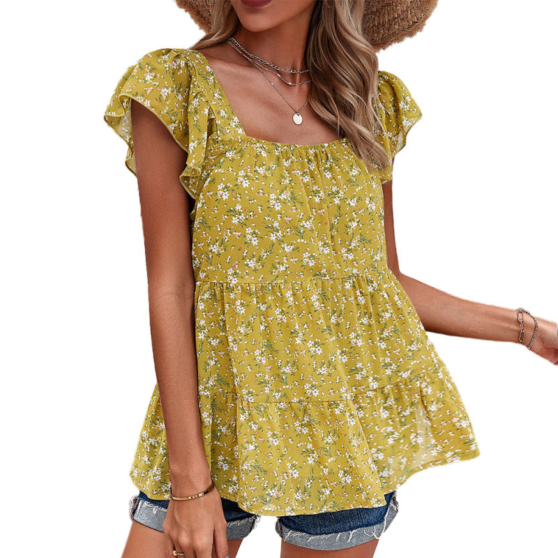 Yellow Square Neck Flutter Sleeves Floral Top