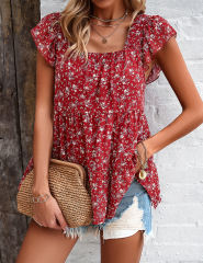 Red Square Neck Flutter Sleeves Floral Top