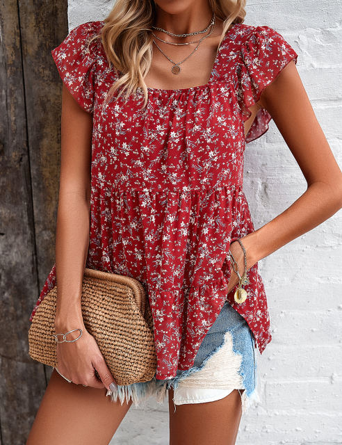 Red Square Neck Flutter Sleeves Floral Top