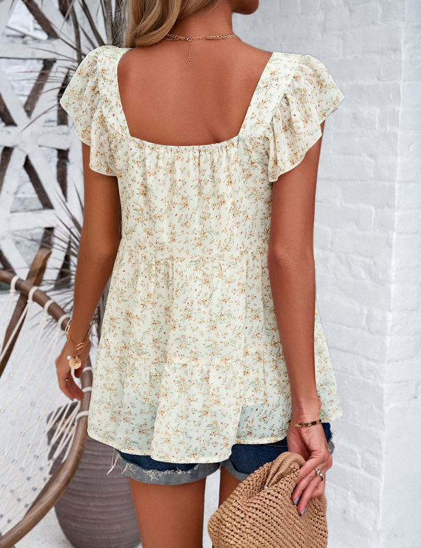 Apricot Square Neck Flutter Sleeves Floral Top