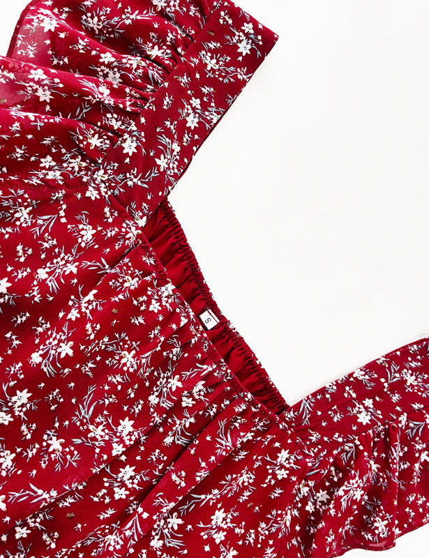 Red Square Neck Flutter Sleeves Floral Top