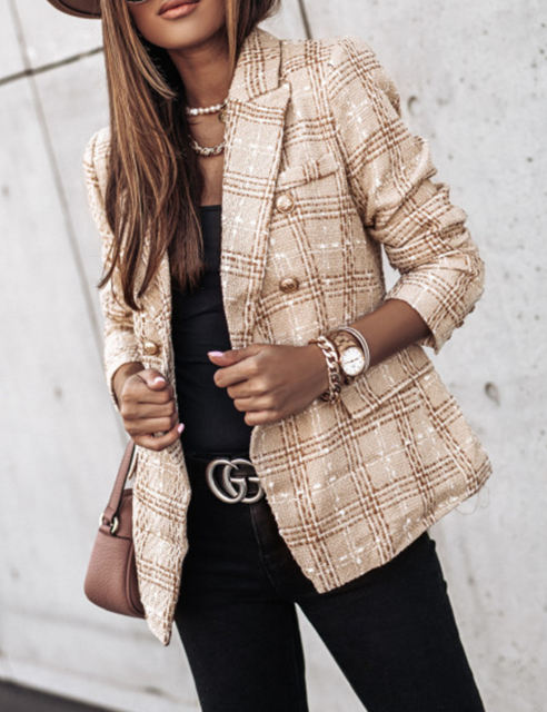 Khaki Checked Double Breasted Long Sleeve Blazer