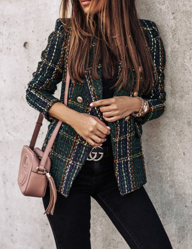 Dark Green Checked Double Breasted Long Sleeve Blazer