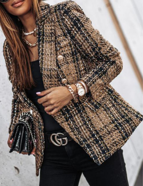 Brown Checked Double Breasted Long Sleeve Blazer