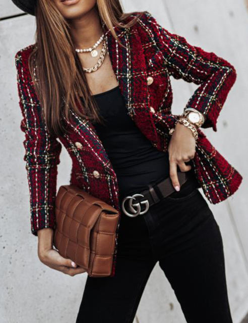 Burgundy Checked Double Breasted Long Sleeve Blazer