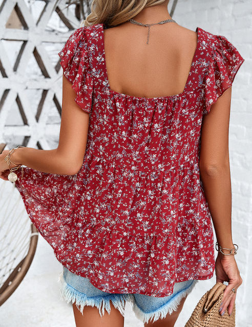 Red Square Neck Flutter Sleeves Floral Top