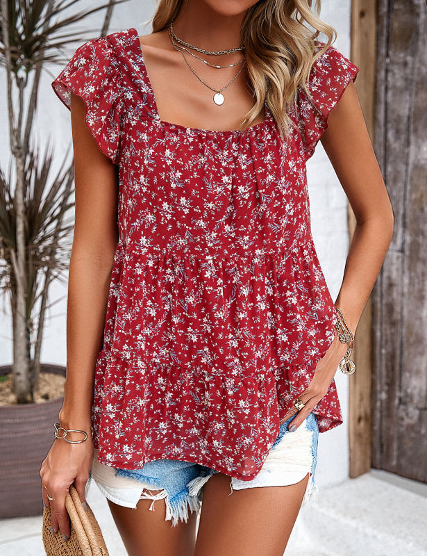 Red Square Neck Flutter Sleeves Floral Top