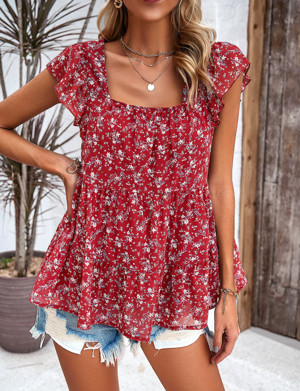 Red Square Neck Flutter Sleeves Floral Top