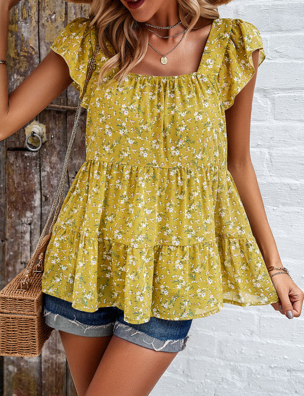 Yellow Square Neck Flutter Sleeves Floral Top