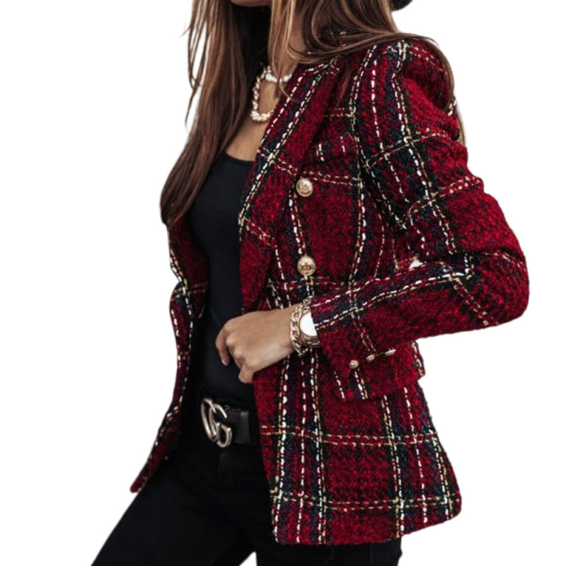 Burgundy Checked Double Breasted Long Sleeve Blazer