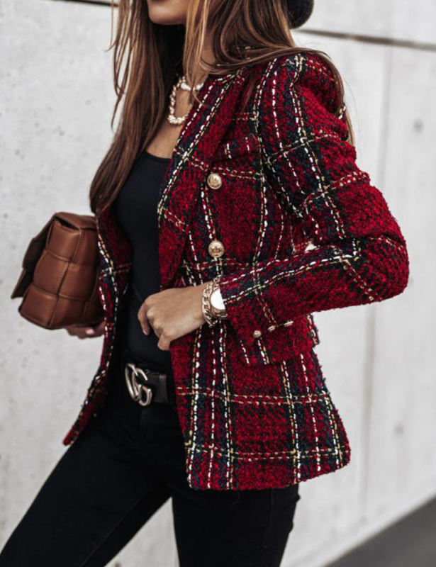 Burgundy Checked Double Breasted Long Sleeve Blazer