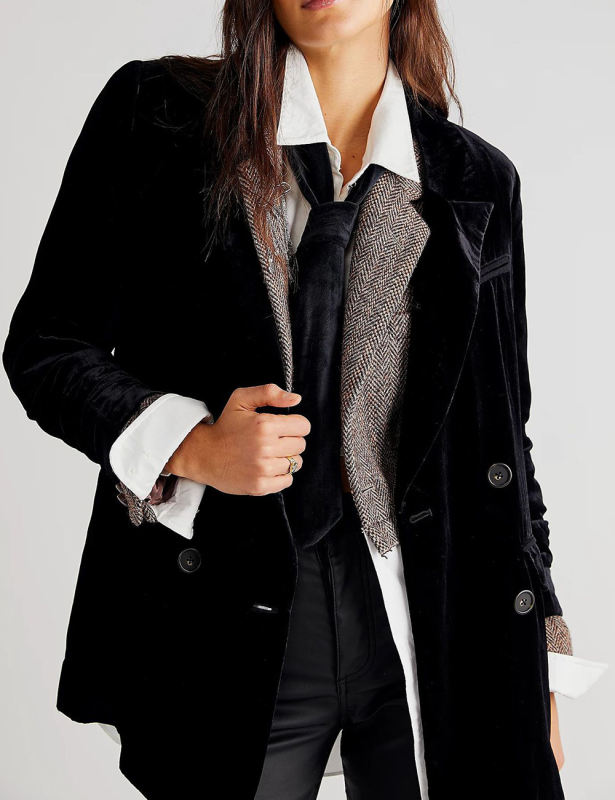 Black Button Detail Velvet Jacket Split Blazer