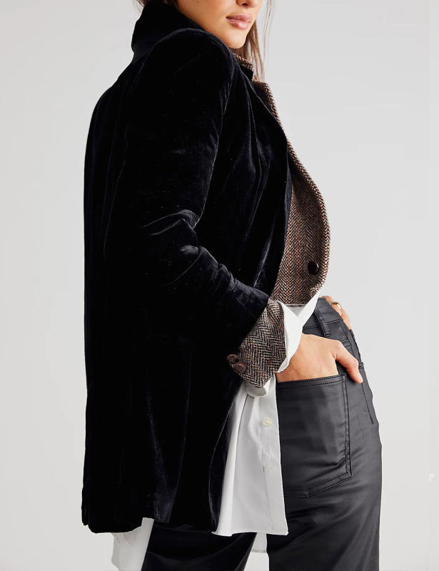 Black Button Detail Velvet Jacket Split Blazer